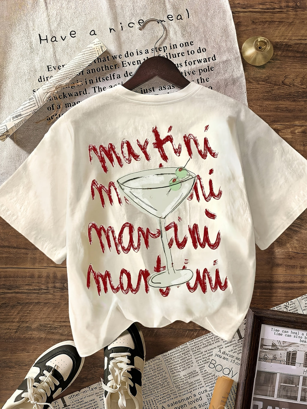 Women's Martini Drinking Club T-Shirt - Short Sleeve Round Neck Blouse Top with Martini & Lettering, Machine Washable Casual Beachwear Suitable for Vacations, Parties, Everyday Outfits - Non- Year-Round Wardrobe Staple - Light Beige