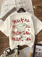 Women's Martini Drinking Club T-Shirt - Short Sleeve Round Neck Blouse Top with Martini & Lettering, Machine Washable Casual Beachwear Suitable for Vacations, Parties, Everyday Outfits - Non- Year-Round Wardrobe Staple - Light Beige