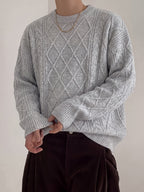 Men's Heavyweight Chunky Cable Knit Sweater - Vintage Chunky Twist Cable & Diamond Pattern Sweater, Loose Fit Warm Crewneck Pullover, Hand Washable Winter Sweater Suitable for Autumn and Winter Casual Wear, Non- Jumper - Light Grey