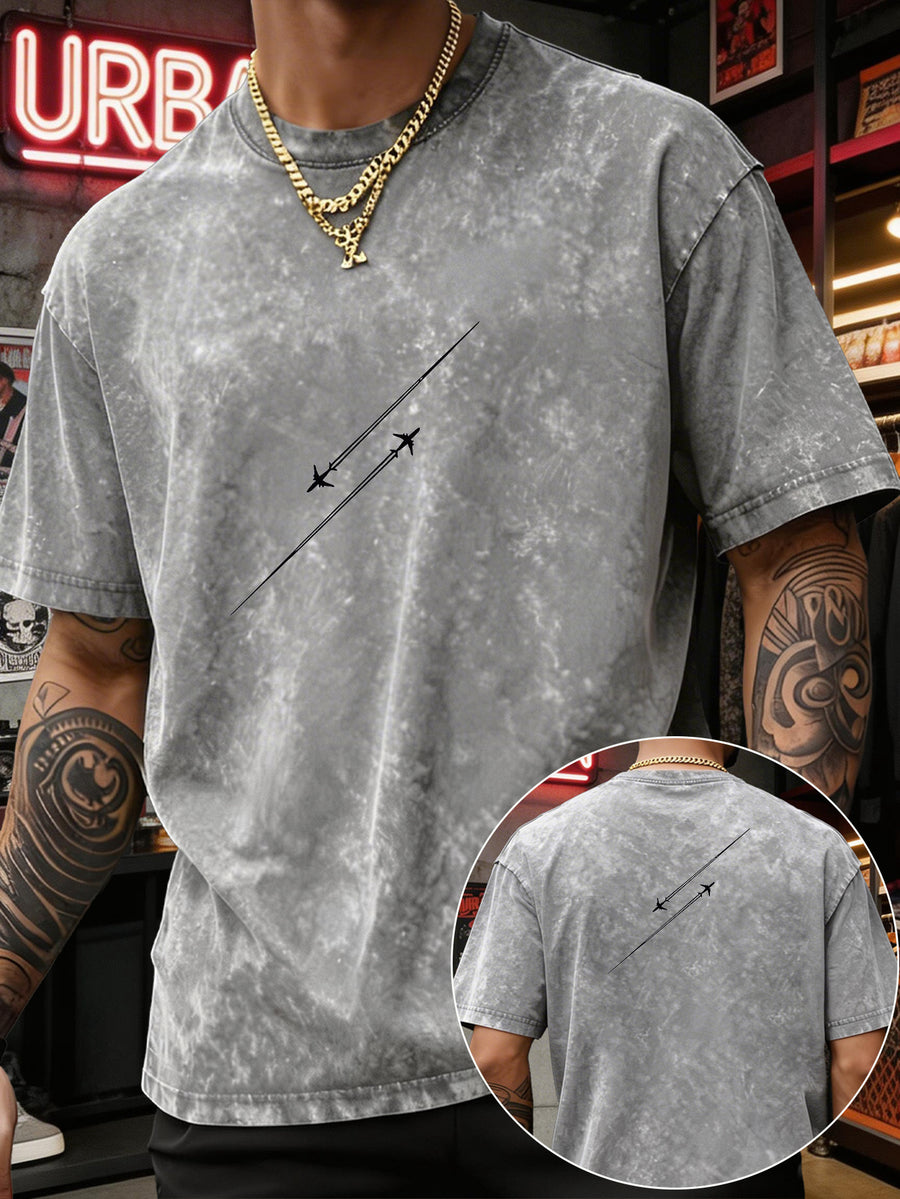 Men'S Heavyweight Washed T-Shirt Minimalist Airplane Line Art Print High Street Vintage Distressed Tee 2026 Summer Casual Urban Wear - Grey