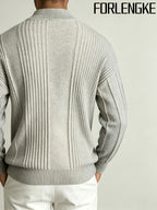 FORLENGKE 2026 New Men Business Casual Stand Collar Full Zip Vertical Ribbed Knit Cardigan, Soft Thick Loose Long Sleeve Sweater Jacket for Fall Winter Office Daily Wear - Grey