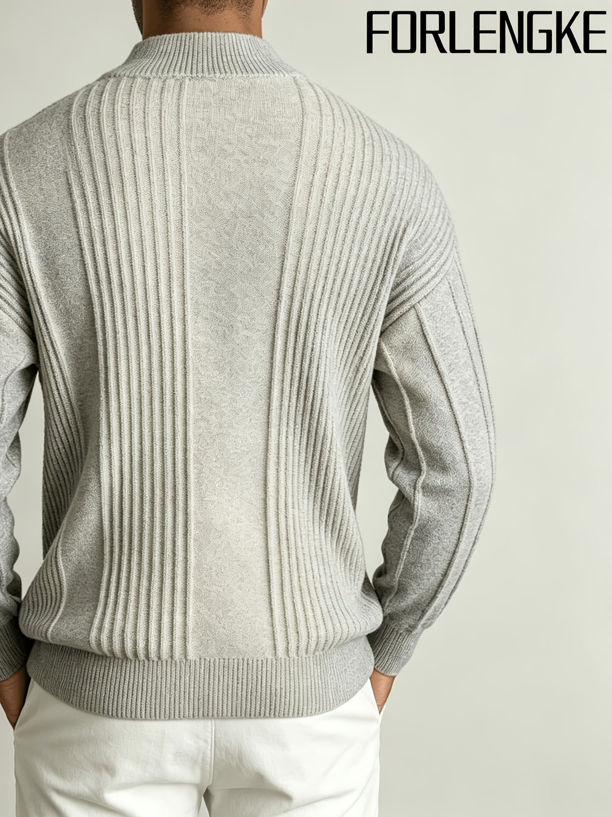 FORLENGKE 2026 New Men Business Casual Stand Collar Full Zip Vertical Ribbed Knit Cardigan, Soft Thick Loose Long Sleeve Sweater Jacket for Fall Winter Office Daily Wear - Grey