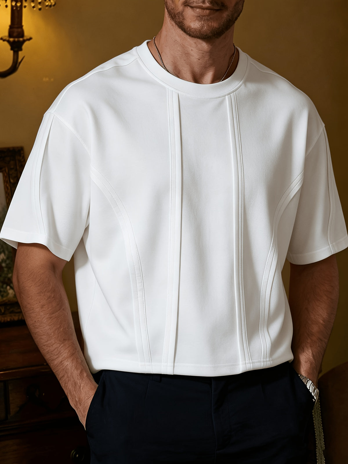 Men's Simple Loose-Fit Crew Neck Short-Sleeve White T-Shirt with a Draped, Three-Dimensional Patchwork Design - White