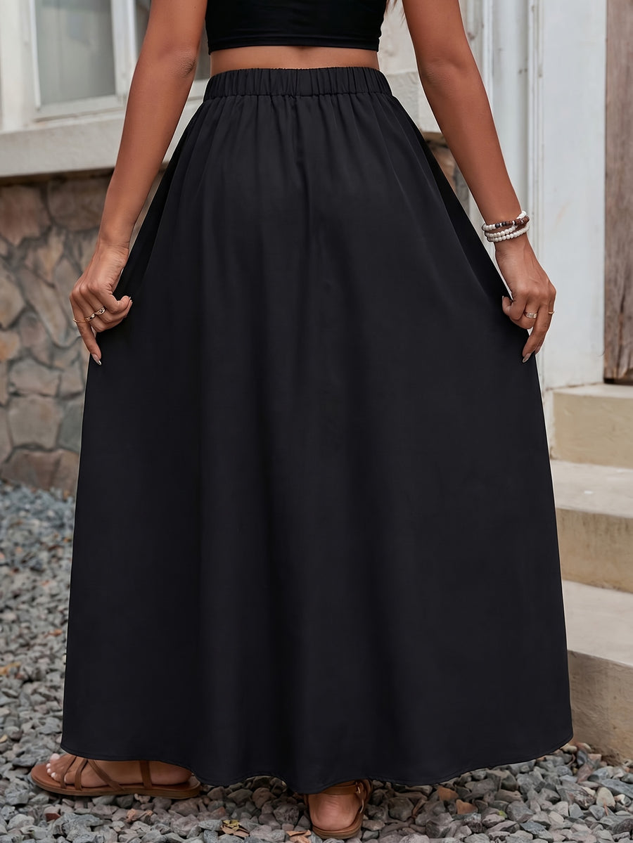 DJ260423739 Elegant Women's Solid Color Versatile Side Slit Loose Half Skirt - Black