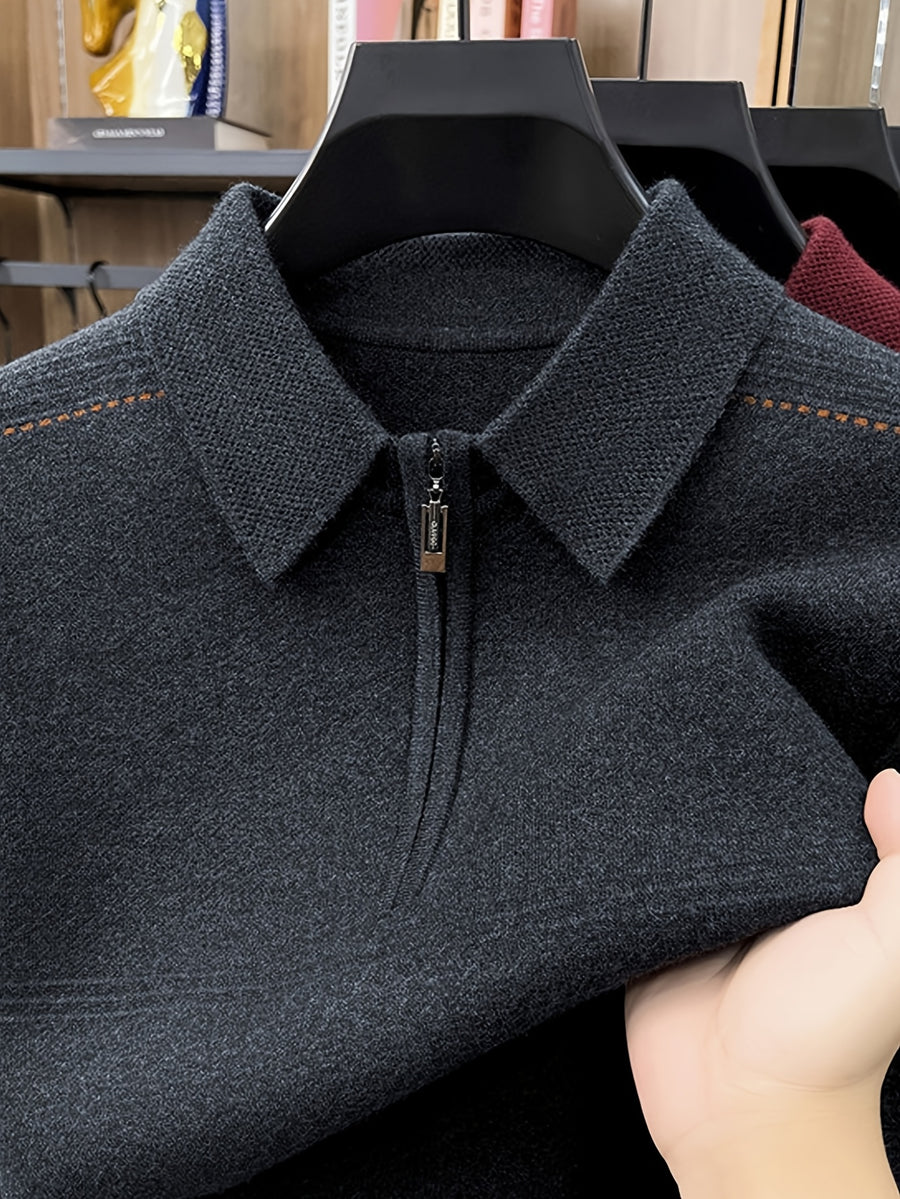 Men's Thickened Lapel Half-Zip Pullover Long-Sleeve Sweater with Ribbed Cuffs and Hem, Autumn/Winter Style, Suitable for Layering or Wearing Alone, Business Casual Style - Black Gray