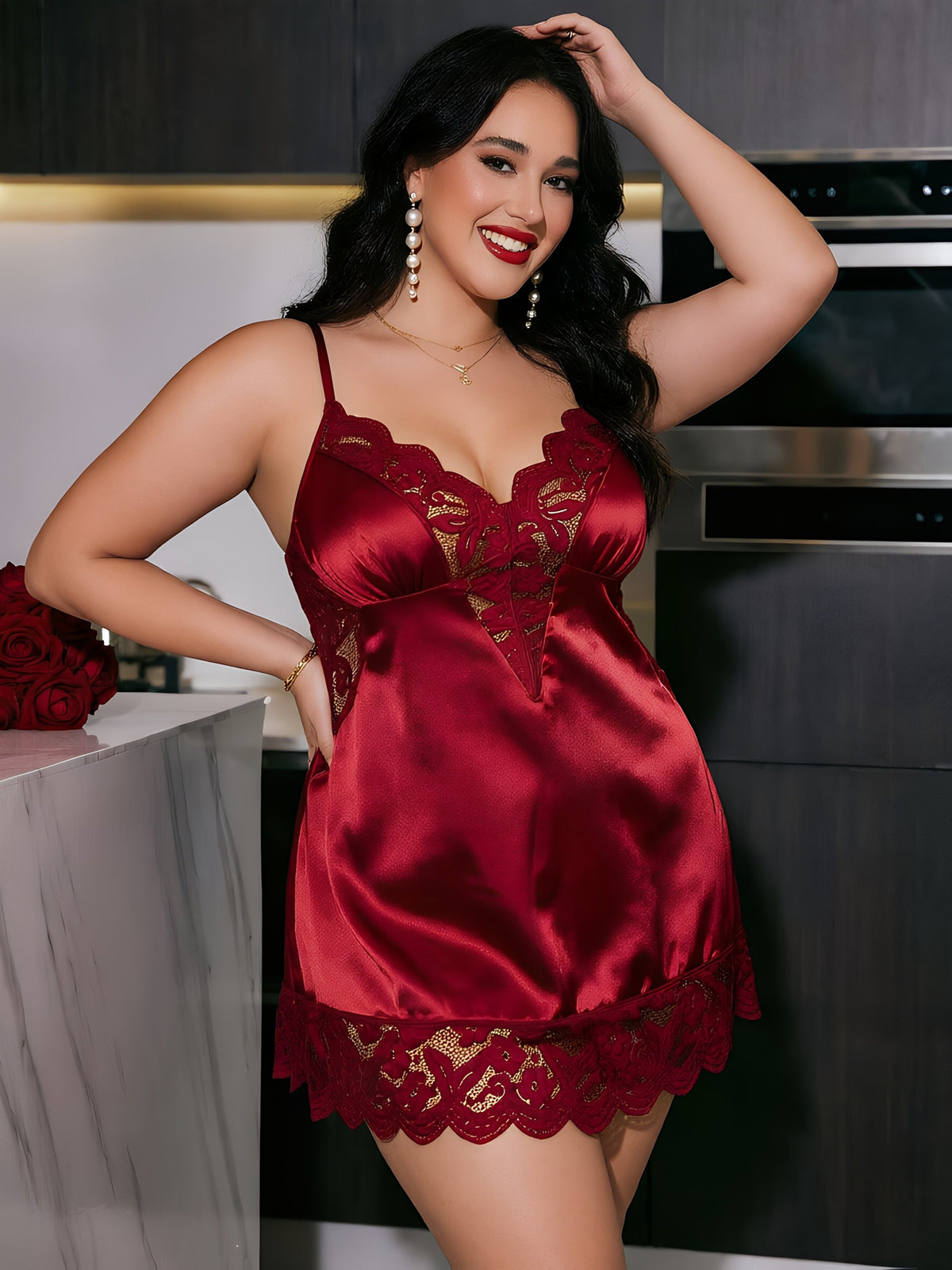 2pcs Set: Home Sexy Comfortable Plus Size Set, 1pc Thong And 1pc Women'S Nightgown - Burgundy