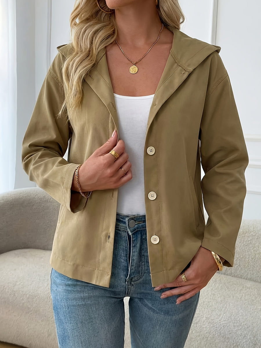 Women'S Fashion Commuter Single Button Fake Side Pocket Loose All-Match Thin Hooded Jacket - Khaki