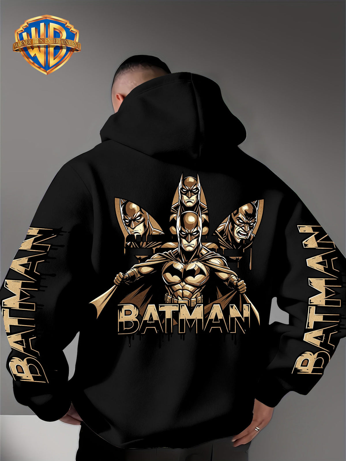 Warner Bros. Official Men's Hooded Sweatshirt - 1pc, Batman BATMAN Vintage Black and Golden Drip Lettering Creative Print, Trendy and Cool DC Superhero IP Graphic Hoodie, Skin-Friendly, Comfortable, and Warm Fabric, Kangaroo Pocket with Ribbed Cuffs - Black