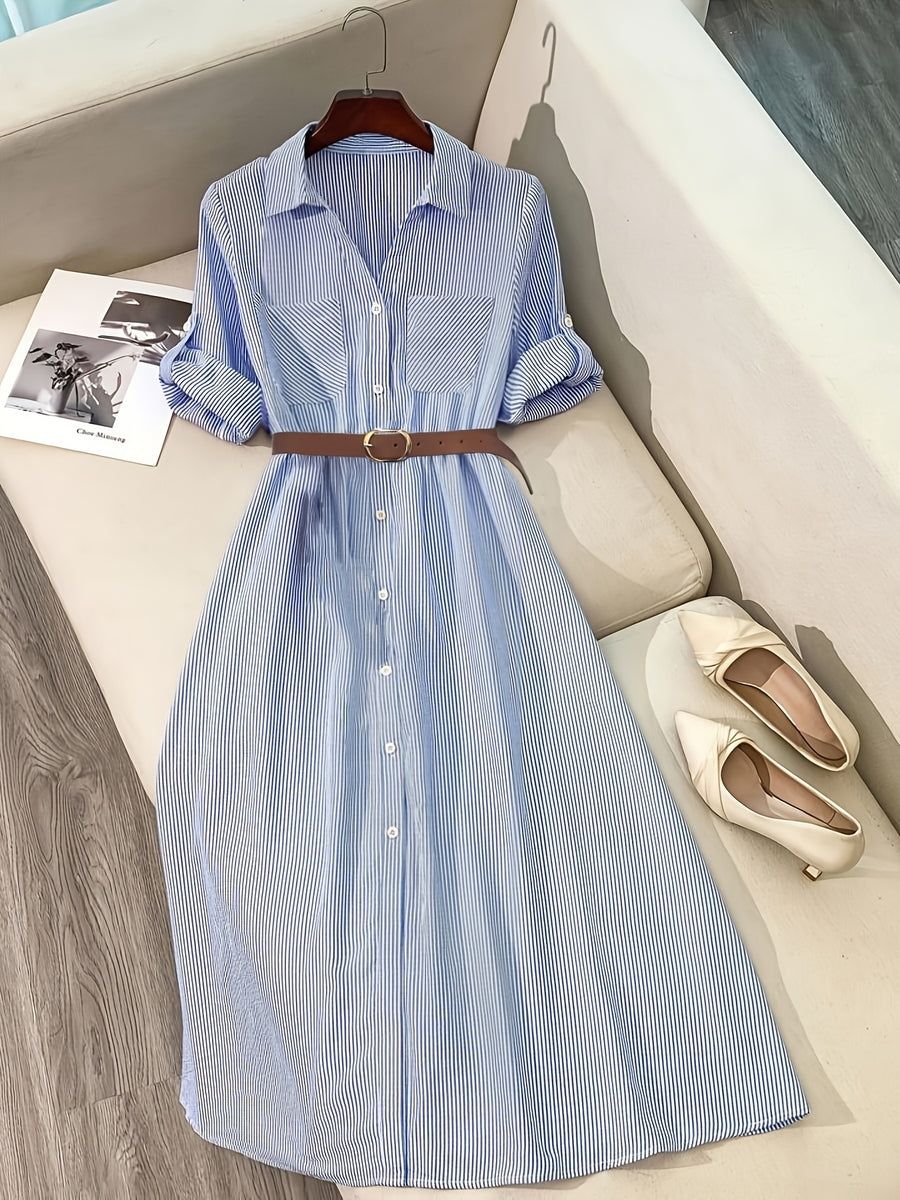 Women'S Fashion Commuter Casual Lapel A-Line Striped Dress, Suitable for Daily Office Wear - Blue