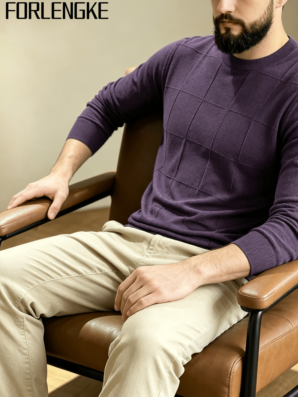 FORLENGKE Stylish Elegant Men'S Business Casual Grid Textured Crew Neck Knit Sweater, Soft Warm Long Sleeve Pullover for Fall Winter Office Daily Wear - Purple Gray