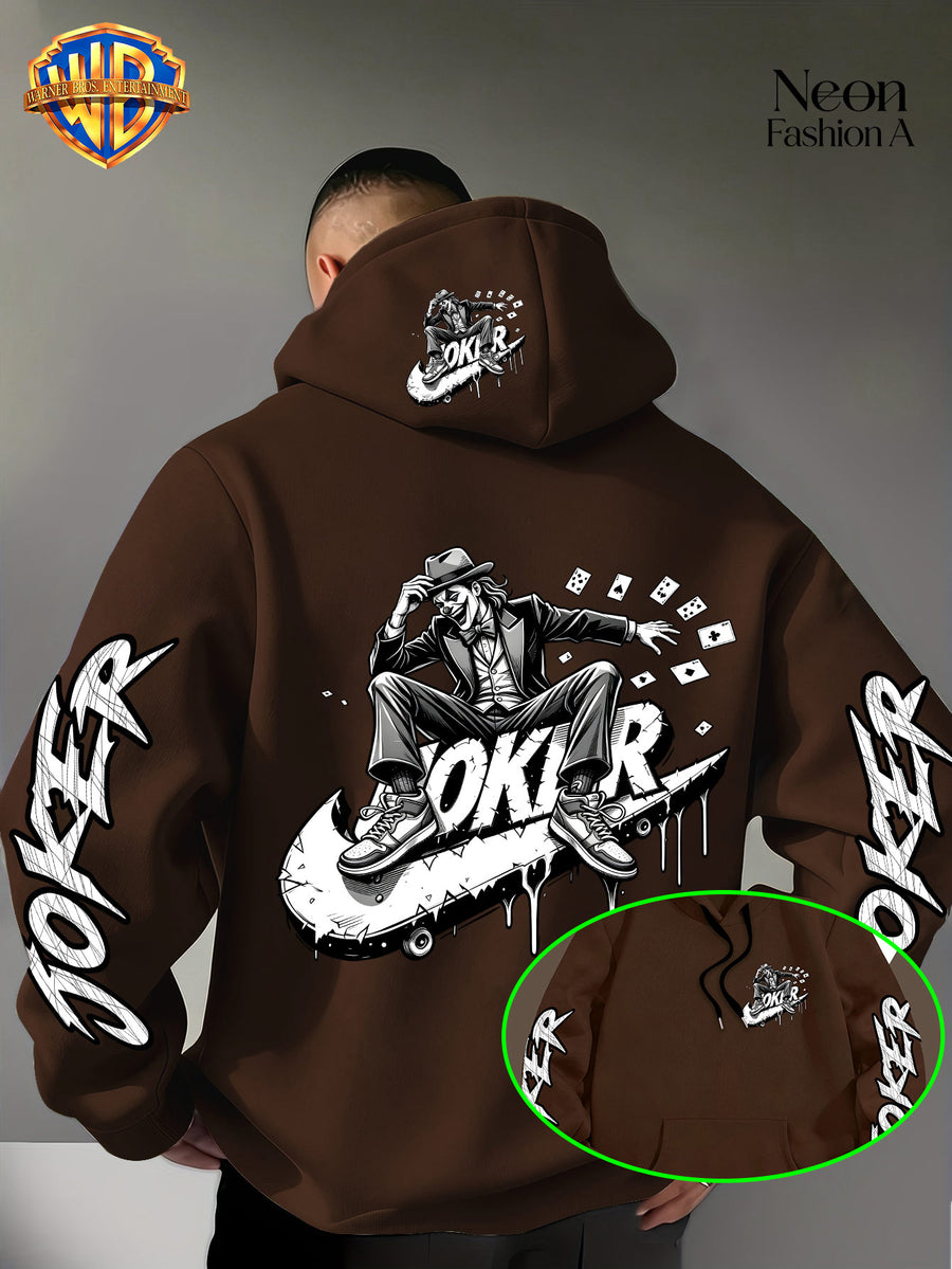 Warner Bros. Official Men'S Autumn Winter Trendy Print Hooded Fleece Sweatshirt, Long Sleeve Pullover Hoodie, Black And White Line Art Skateboard Joker Dripping Graffiti Trendy Print Pattern, Kangaroo Pouch And Drawstring Design - Coffee Color