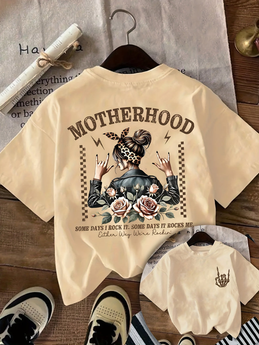 Women's Rock 'n' Roll Motherhood Graphic T-Shirt - Edgy "Some Days I'm a Rock Star" Design with Floral Roses & Lightning Bolts, Short Sleeve Round Neck Casual Summer Tee, Machine Washable, Mother's Day T-shirt, Everyday Comfort, Trendy Top, Elegant - Apricot
