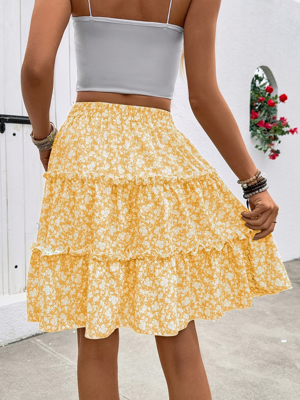 Floral Tiered Skirt with Ruffled Hem, Perfect for Spring and Summer Vacation Wear - ginger-colored