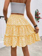 Floral Tiered Skirt with Ruffled Hem, Perfect for Spring and Summer Vacation Wear - ginger-colored