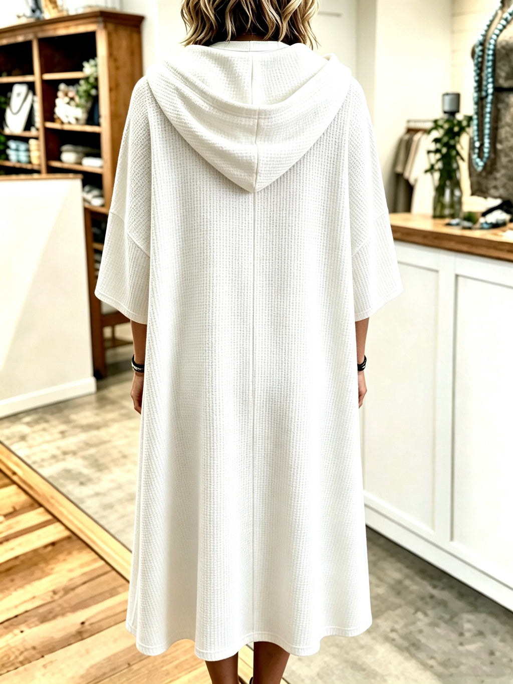 Plus Size - Spring Autumn New Waffle Half-Zip Hooded Sweatshirt Dress Women'S Loose Plus Size Three-Quarter Sleeve Drawstring Pocket Mid-Length Casual Style Solid Color Pullover Dress - White