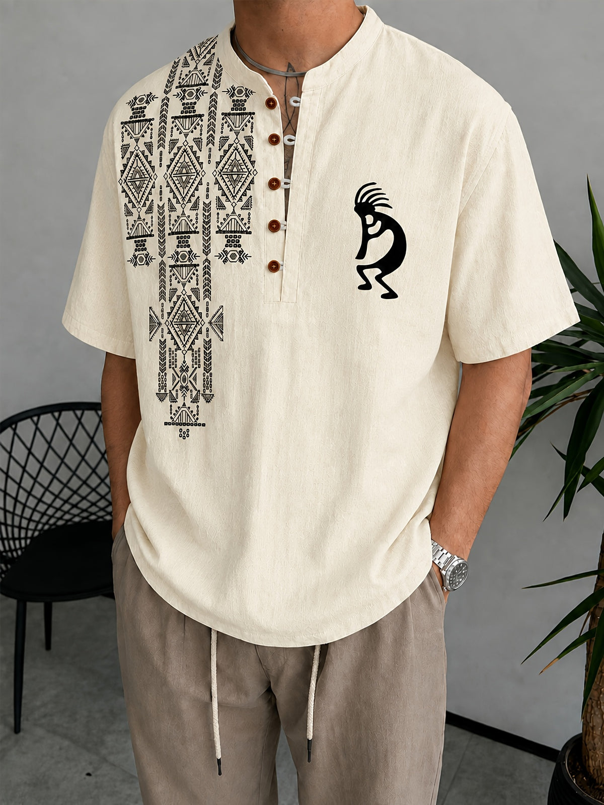 Men's 100% Pure Cotton Summer Short Sleeve Top, Ethnic Aztec Geometric Pure Cotton Direct-to-Print Vintage Quetzalcoatl Flute Player Top, Versatile for Daily Wear, Commuting, and Beach Vacation Outfits - Apricot