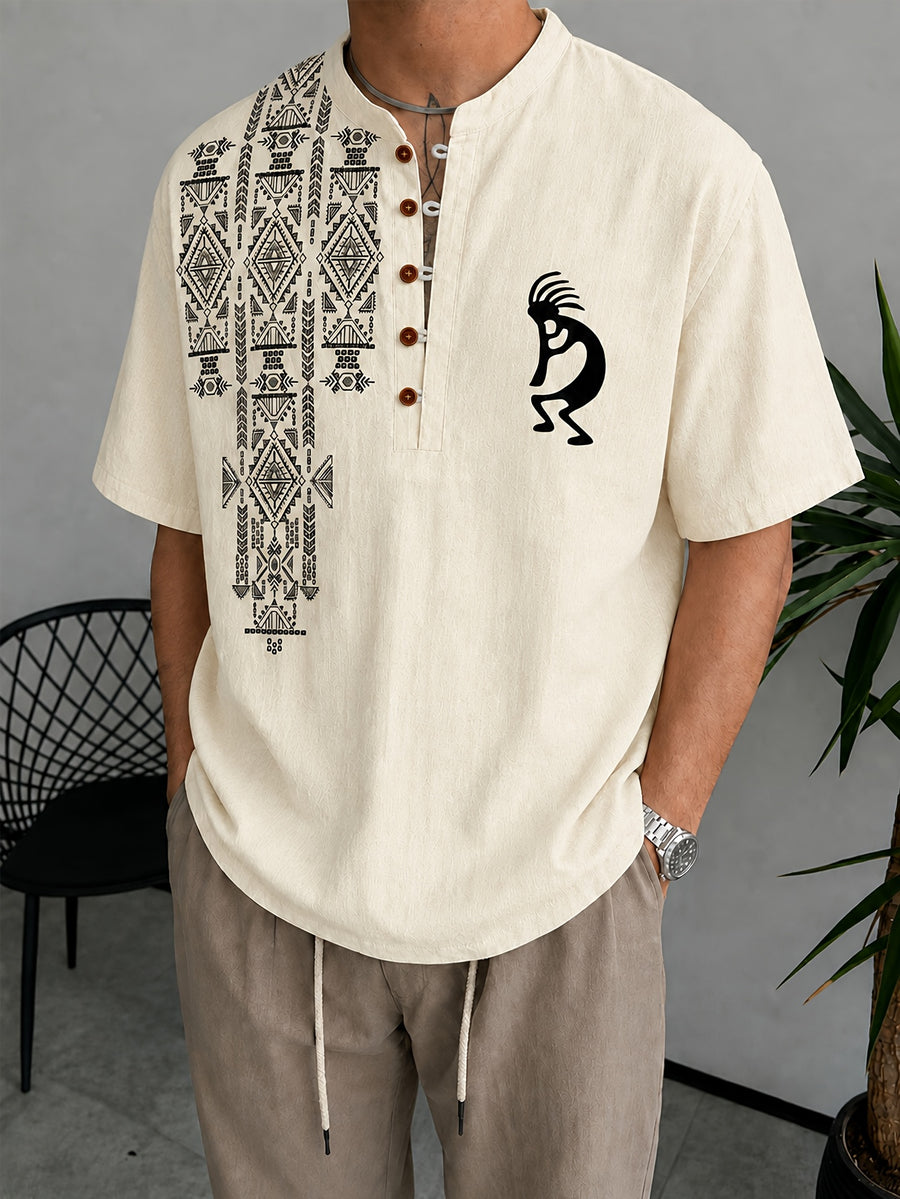 Men's 100% Pure Cotton Summer Short Sleeve Top, Ethnic Aztec Geometric Pure Cotton Direct-to-Print Vintage Quetzalcoatl Flute Player Top, Versatile for Daily Wear, Commuting, and Beach Vacation Outfits - Apricot