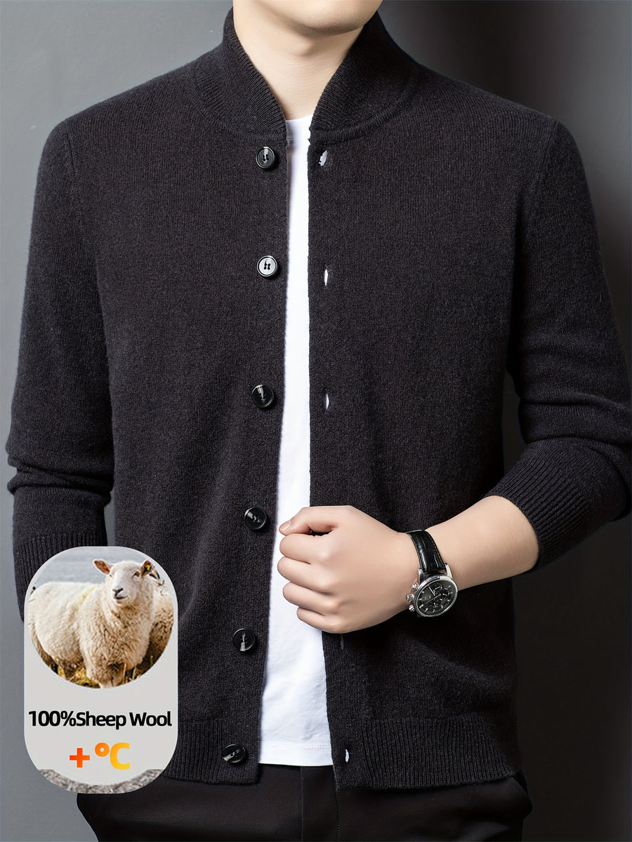 Xingfan OBM 2025 Autumn/Winter Men's 100% Wool Stand Collar Knit Cardigan, Crafted from Premium Pure Wool. Featuring a Simple yet Elegant Stand-up Collar and Single-breasted Button Design for Strong Warmth Retention. The Standard Fit Is Suitable - Dark Gray