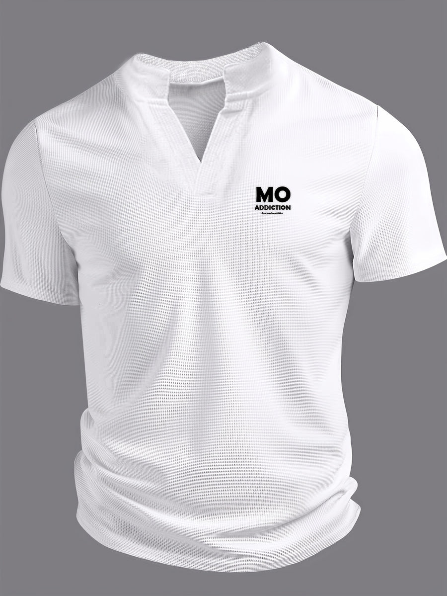 Summer Waffle-Weave Men'S Short Sleeve T-Shirt, Small Stand Collar V-Neck Print Trendy Men'S Versatile Short Sleeve - White 1