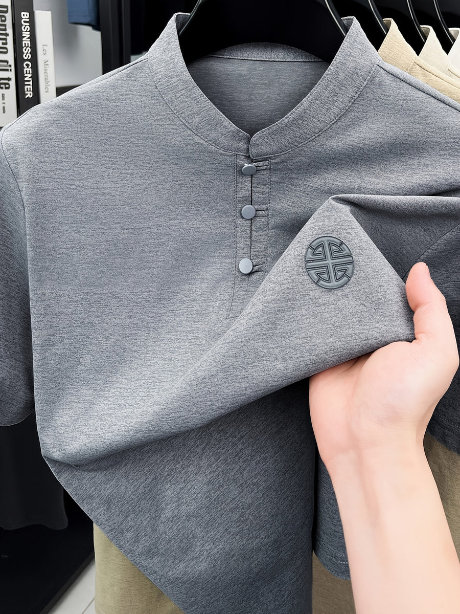 New Summer Chinese Hero Ancient Style Three-Button Access Control Short-Sleeve Men's T-Shirt, Stylish Casual Novelty Men's Top, Refreshing Quick-Drying, Durable and Skin-Friendly Apparel JC8912 - Light Grey