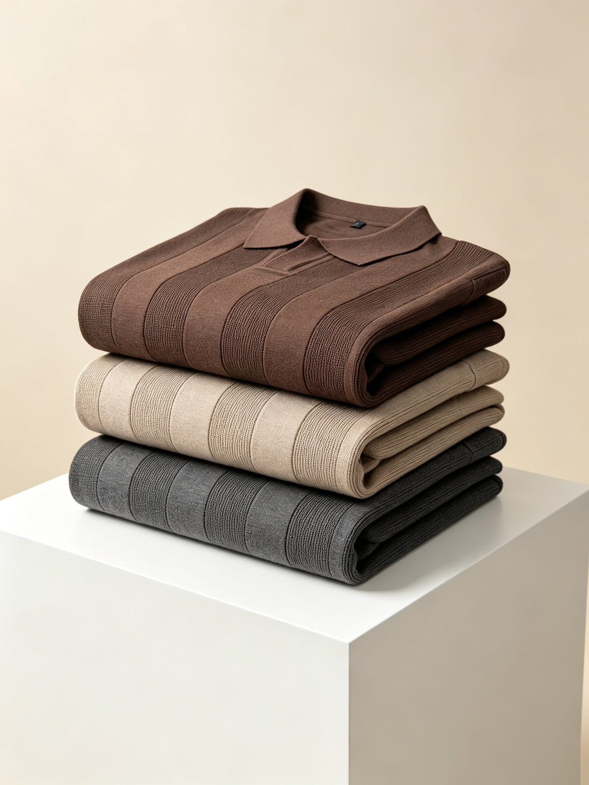 Men 3pcs Vertical Textured Knit Polo Shirts, Slim Fit Notch Collar Short Sleeve Knitwear, Lightweight Comfort Shirts for Office Vacation Daily Wear - Gray-Brown-Light Brown