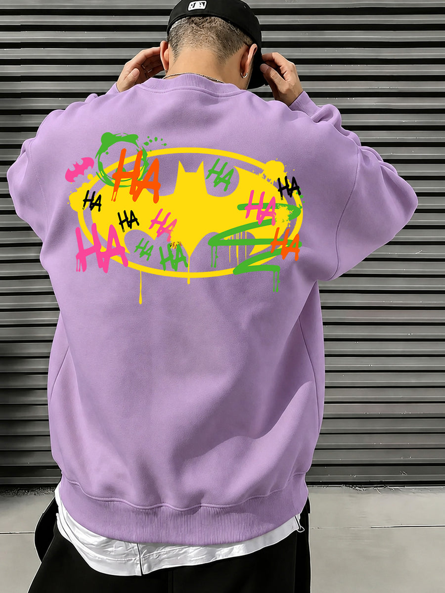 Official Warner Bros. Men's Fashion Trend Loose Fit Crew Neck Sweatshirt, Batman Joker HA Graffiti Ink Splatter Bat Logo Print Design, Versatile Long Sleeve Crew Neck Sweatshirt for Sports, Leisure, Commuting, Spring, Autumn, and Winter - Violet