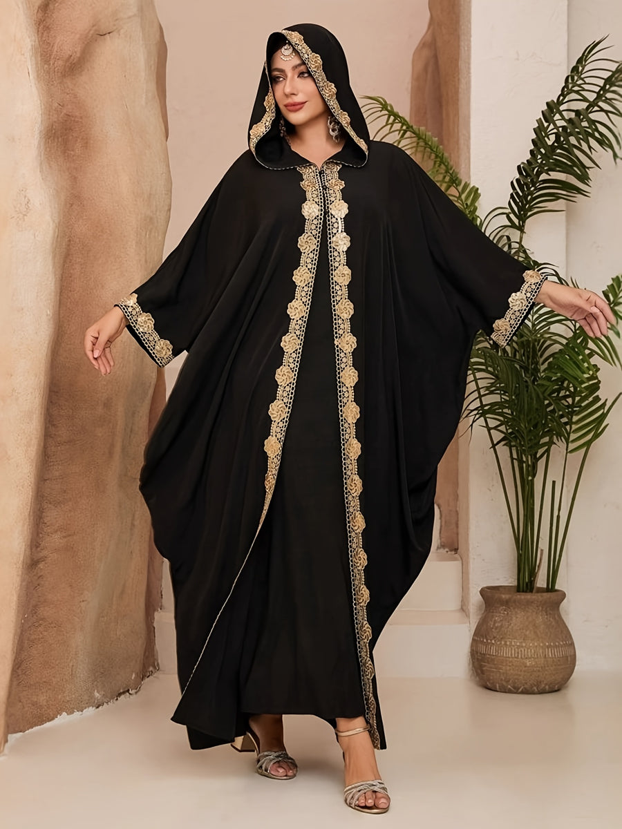 An Elegant Golden-trimmed Embroidered Abaya, Simple yet Sophisticated, Suitable for Women's Daily Wear and Prayer, Usable in All Seasons. Elegant Hooded Abaya for Women, Luxury Golden Lace Trim Muslim Maxi Dress, Black Kaftan with Hood - Black