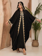 An Elegant Golden-trimmed Embroidered Abaya, Simple yet Sophisticated, Suitable for Women's Daily Wear and Prayer, Usable in All Seasons. Elegant Hooded Abaya for Women, Luxury Golden Lace Trim Muslim Maxi Dress, Black Kaftan with Hood - Black