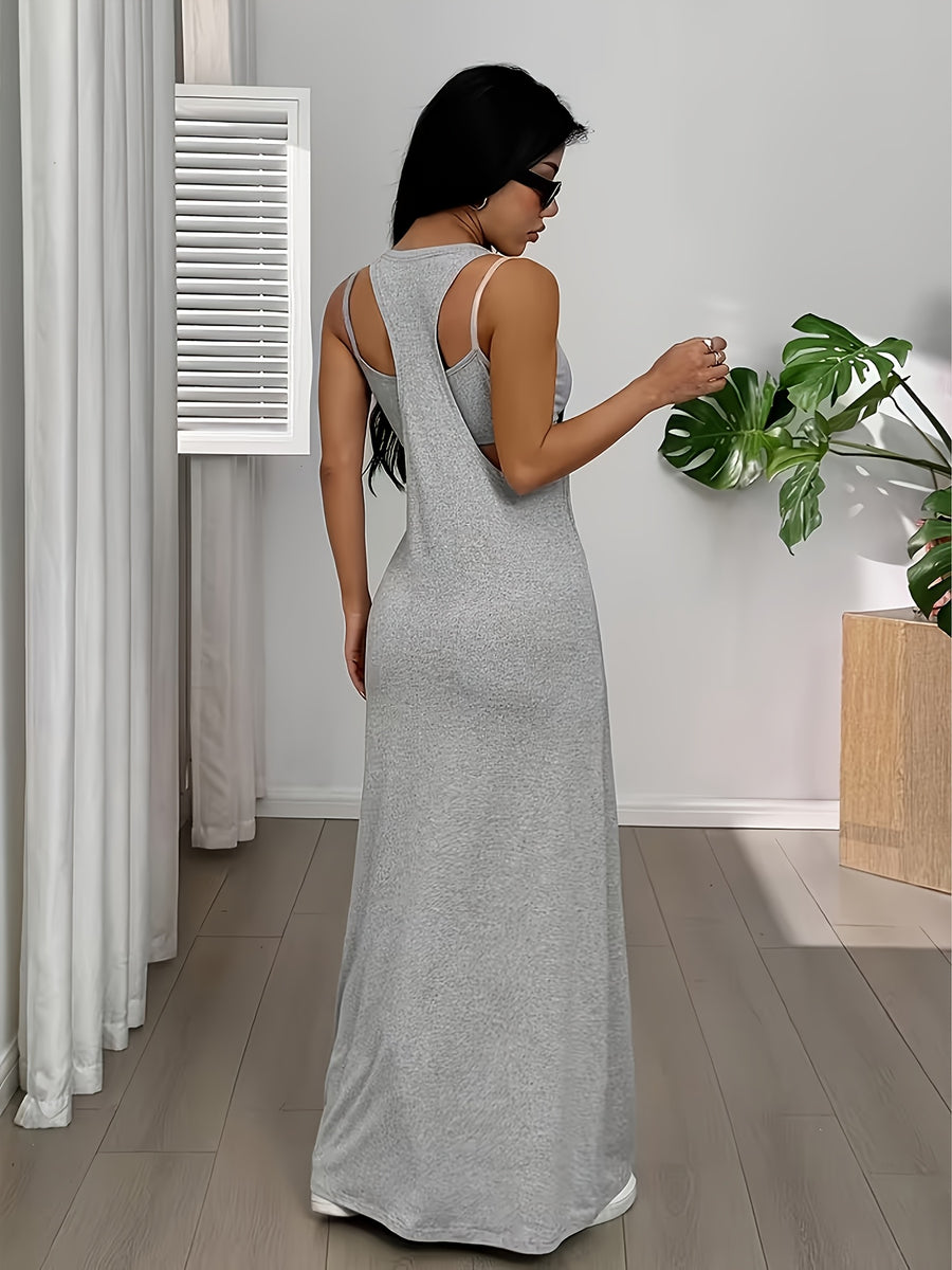 Hot American Retro Gray Vest Dress, Loose Flowing Summer Casual Atmosphere Long Dress - Grey