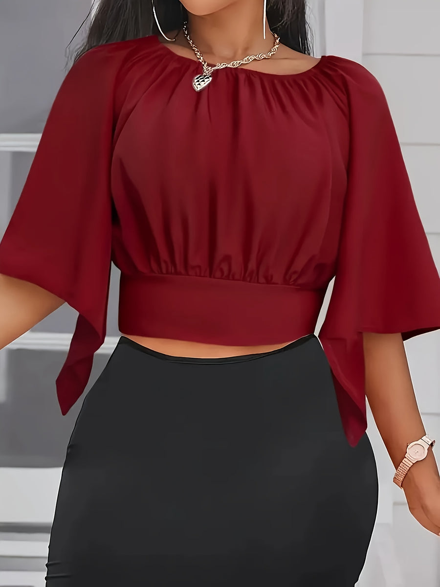Tie Back Ruched Blouse, Elegant Solid Color Blouse For Spring & Summer, Women's Clothing - Burgundy