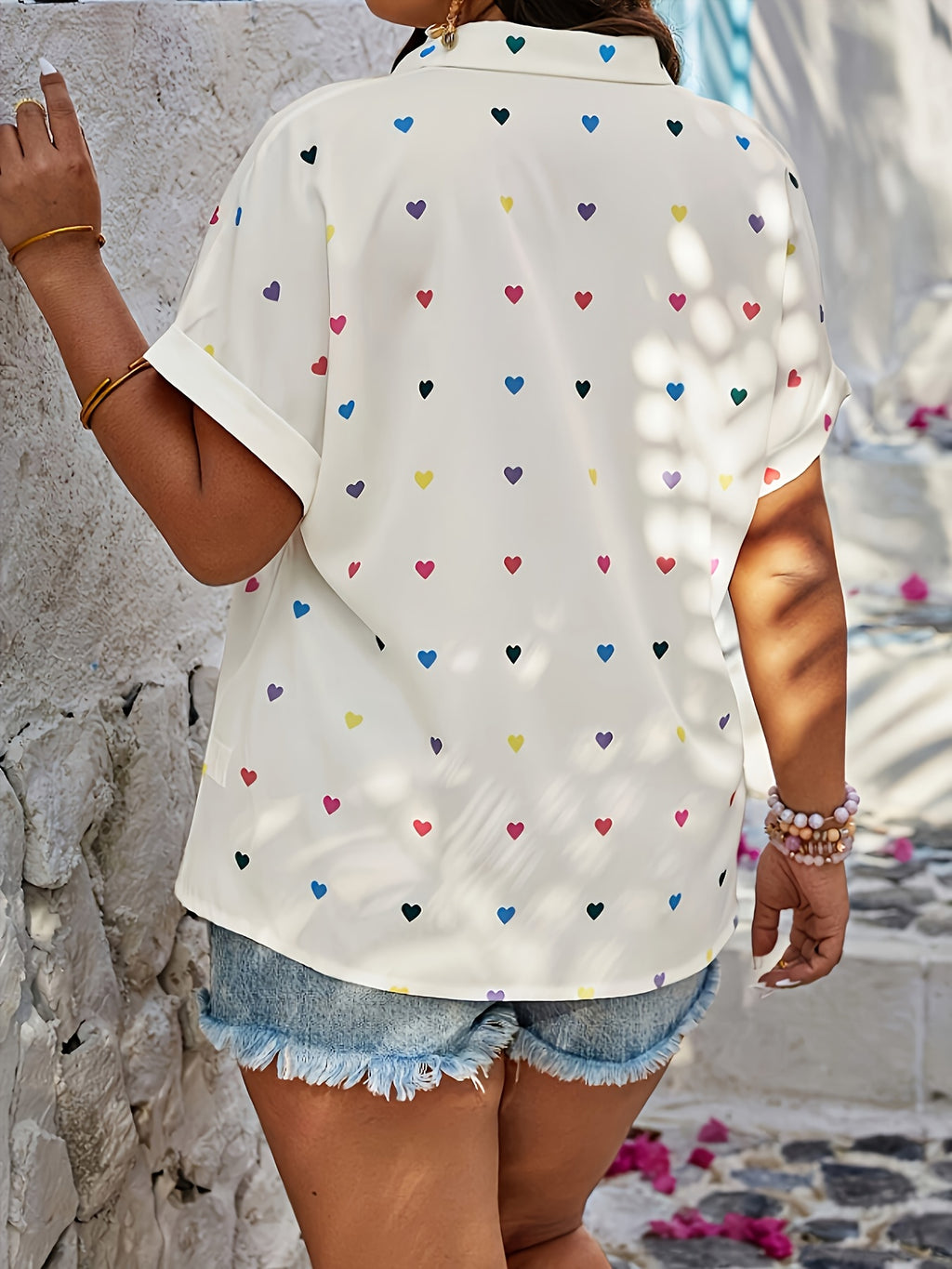 Women'S Heart Print Button-Up Short Sleeve Blouse - White
