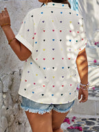 Women'S Heart Print Button-Up Short Sleeve Blouse - White