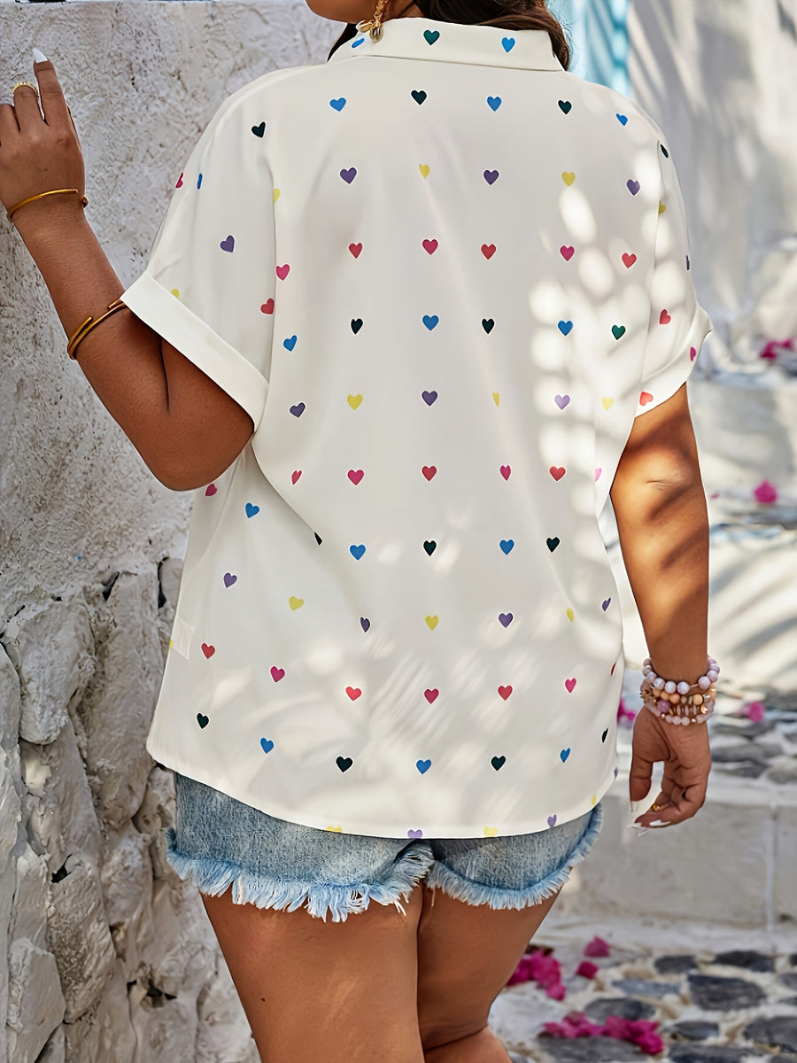 Women'S Heart Print Button-Up Short Sleeve Blouse - White