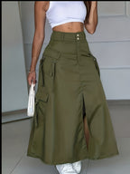 Y2K Spicy Style Army Green High-Waist Cargo Midi Skirt Women'S Front-Slit Multi-Pocket A-Line Skirt Army Green Cargo Skirt High-Waist Button-Front Slit Multi-Pocket Design Midi Skirt - Military Green