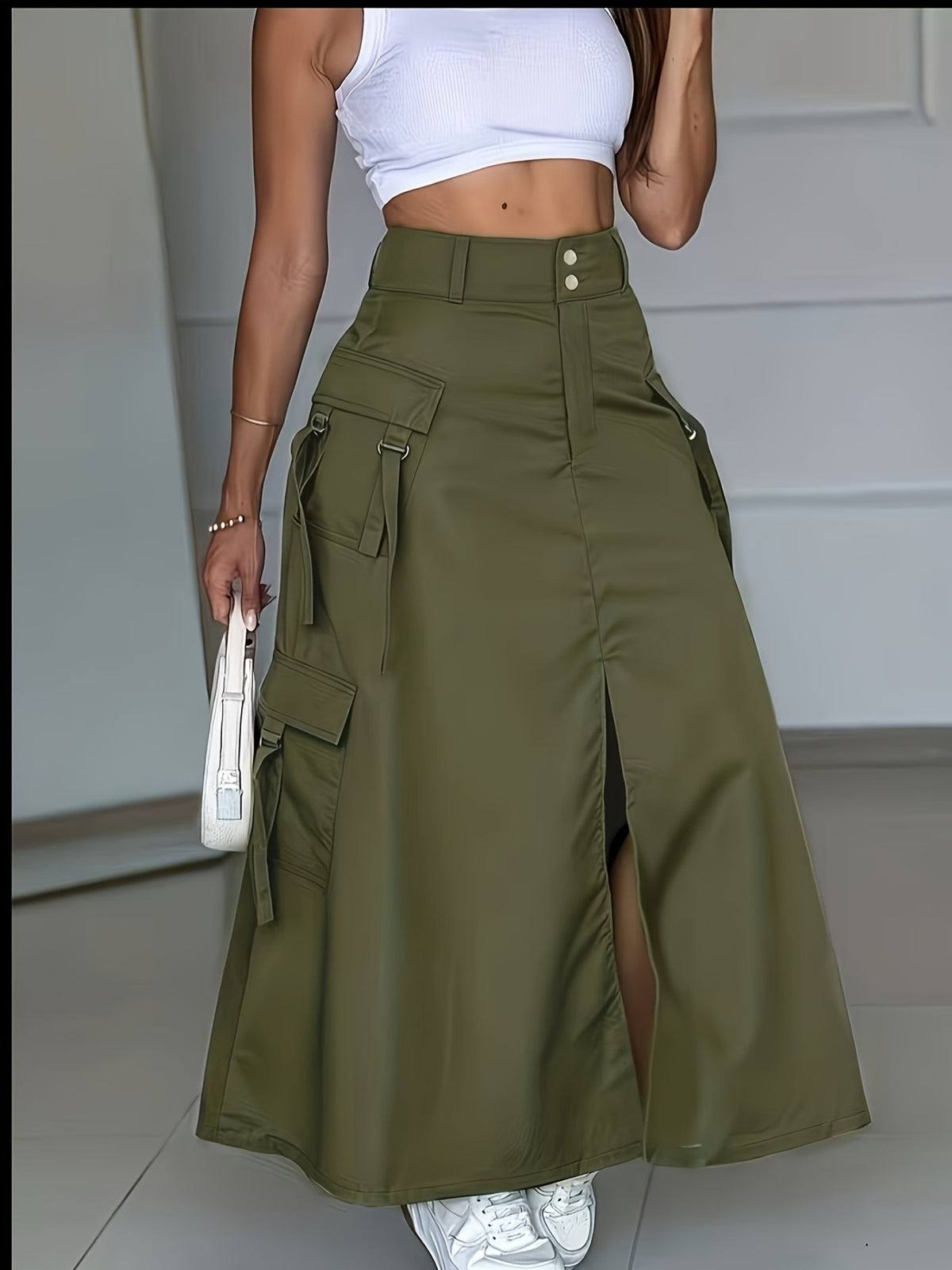 Y2K Spicy Style Army Green High-Waist Cargo Midi Skirt Women'S Front-Slit Multi-Pocket A-Line Skirt Army Green Cargo Skirt High-Waist Button-Front Slit Multi-Pocket Design Midi Skirt - Military Green