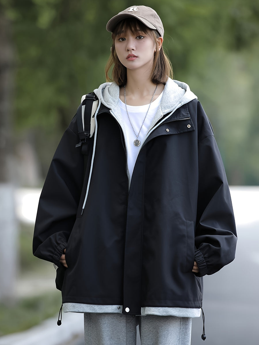 American Style Coat Women'S Trench Hooded Faux Two-Piece Windbreaker Design-Driven Color-Block Casual Loose Jacket - Black+Grey
