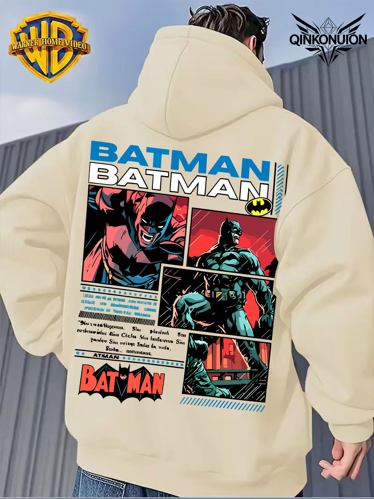 Warner Official Men'S Retro Comic Style Batman Hot-Blooded Trendy Printed Drawstring Hoodie, Warm And Machine Washable for Autumn And Winter, Multifunctional Street Sports And Leisure Loose Edition - Apricot