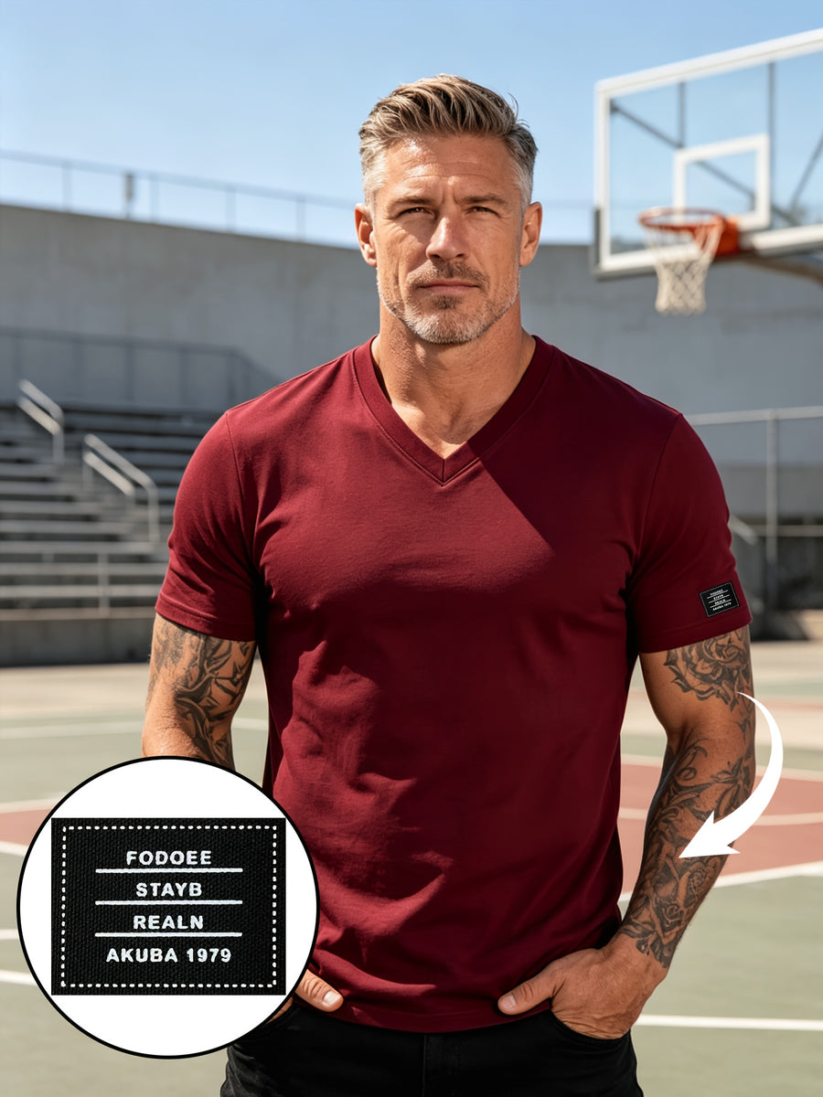 Men's High-Quality 100% Cotton V-Neck T-Shirt, Colorfast Washed, Resists Shrinkage and Fading, Solid Color Short-Sleeve Top for Middle-Aged Men, Suitable for Naps, Walks, Home, and Outdoor Wear - Burgundy