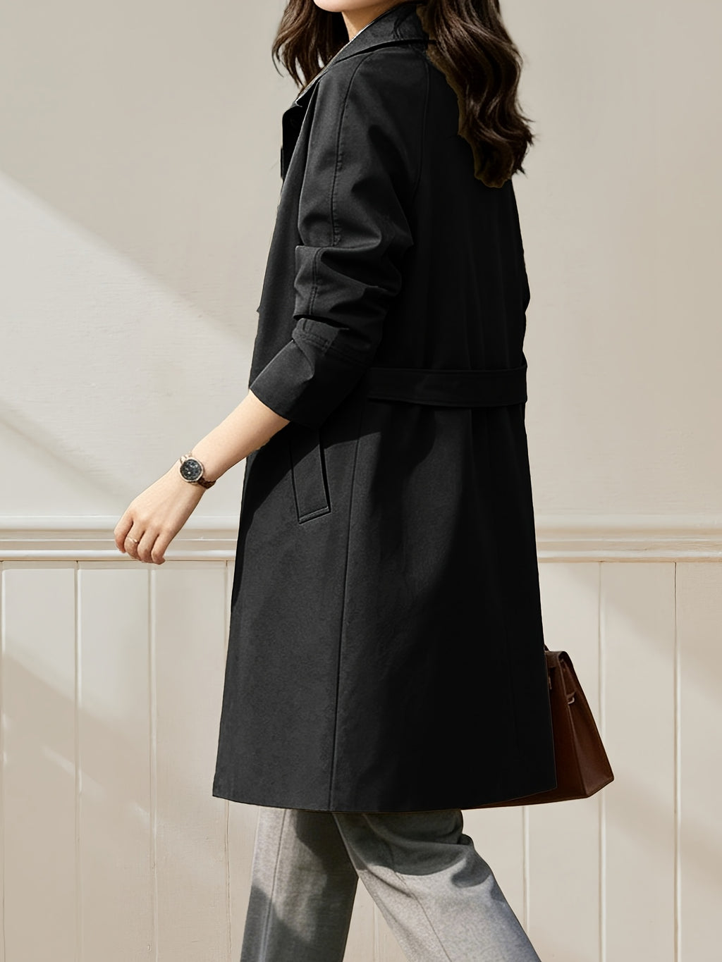 Women'S British Style Mid-Length Trench Coat, Easy And Atmospheric Commuter Temperament Style Jacket, Non-Picky Body Farewell to Passerby Look, Unlined Fabric Style - Black