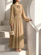 1pc Muslim Women's Floral Print Maxi Dress, Long Sleeve Loose Fit Modest Dress with Smocked Waist and Tiered Skirt, Elegant Casual Outfit for Ramadan, Eid, Daily Wear, Travel & Family Gatherings - Orange