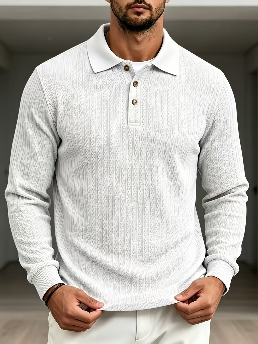2026 New Men's Long-Sleeve Polo Shirt, Jacquard Texture Lapel Top, Casual Three-Button Knitted Business Versatile Long-Sleeve T-Shirt - White