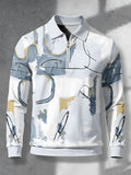 Men's Casual Fashion Long-Sleeve Top with Casual Curve Sketch Print, Half-Zip Polo Shirt, Versatile Lapel Top for Business Commuting and Outings, Heartwarming Holiday Gift for Young Men - Mixed colors