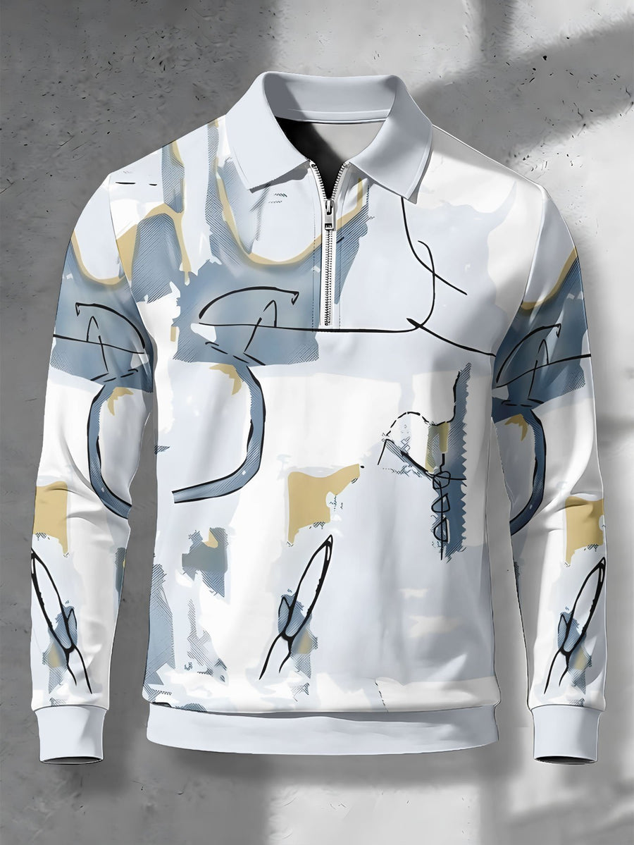 Men's Casual Fashion Long-Sleeve Top with Casual Curve Sketch Print, Half-Zip Polo Shirt, Versatile Lapel Top for Business Commuting and Outings, Heartwarming Holiday Gift for Young Men - Mixed colors