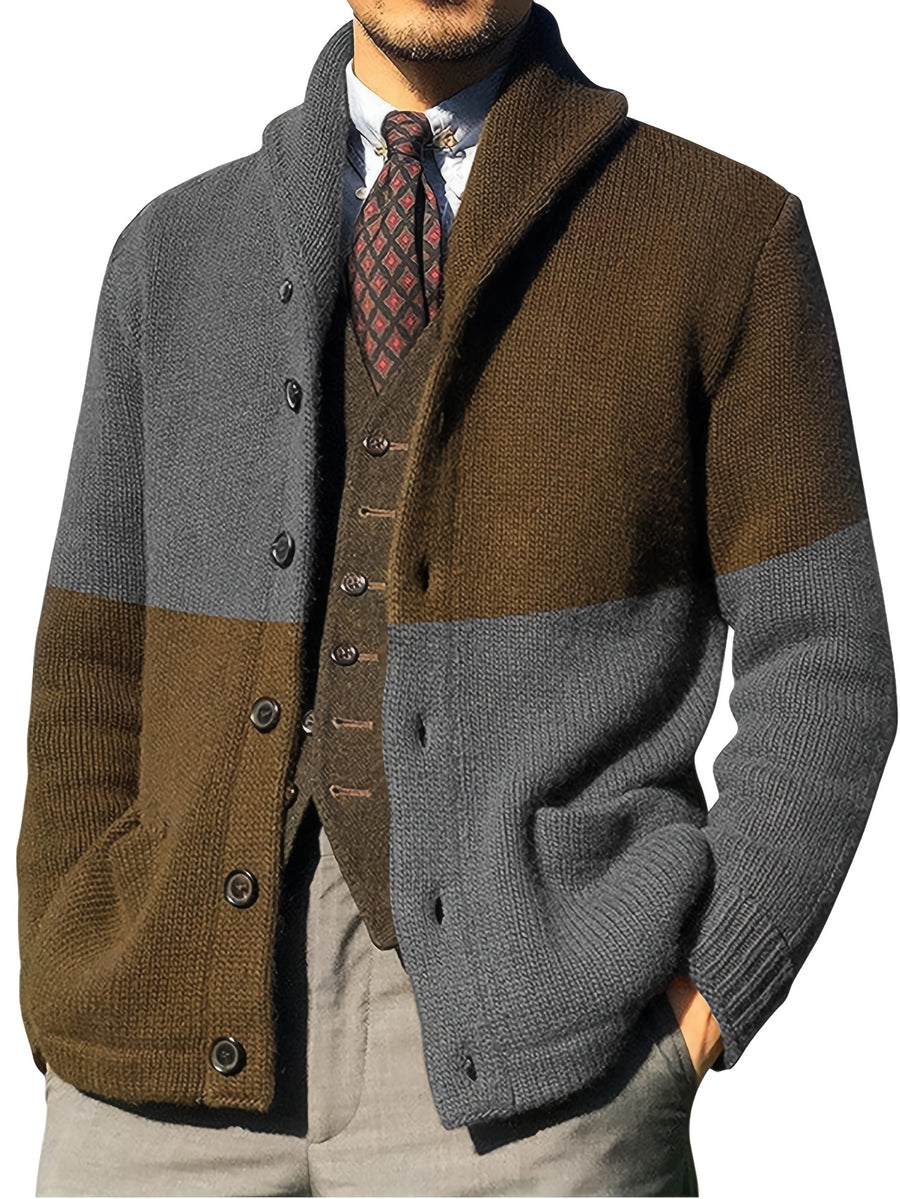 Men's Autumn and Winter New Style Lapel Single Breasted Cardigan Color Blocked Fashionable Casual Business Versatile Slim Fit Skin Friendly Comfortable Soft Warm Long Sleeved Pocket Durable Sports Vitality Simple Knitted Sweater - Dark Gray
