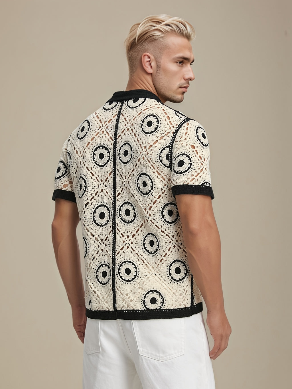 Men's Fashion Openwork Knitted Embroidery Summer Joker Collar Comfortable Cardigan Jacket, Suitable for Casual Wear. - Black