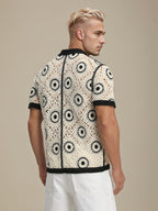 Men's Fashion Openwork Knitted Embroidery Summer Joker Collar Comfortable Cardigan Jacket, Suitable for Casual Wear. - Black