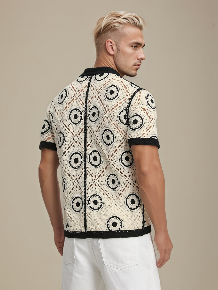 Men's Fashion Openwork Knitted Embroidery Summer Joker Collar Comfortable Cardigan Jacket, Suitable for Casual Wear. - Black