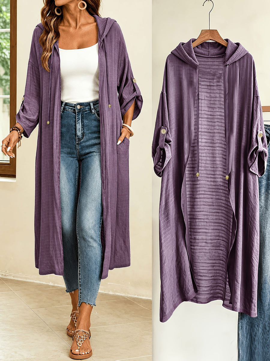 1pc Women'S Bohemian Style Gray-Purple Mid-Length Hooded Cardigan, Featuring Loose Open Front Style, Adjustable Ruffled Sleeve Cuffs And Practical Pockets, Suitable for Travel, Beach Vacation And Casual Leisure Wear - Purple