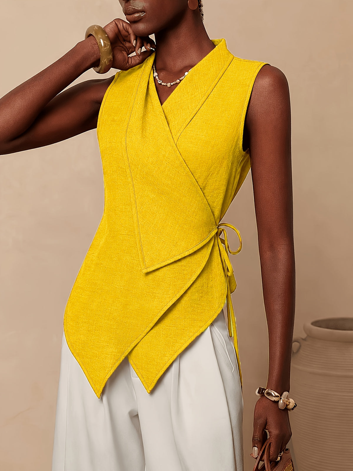 Women'S Solid Color Knotted Asymmetrical Hem Casual Versatile Daily Wear Shirt - Yellow