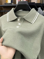 Men'S Lapel Long Sleeve Knit Sweater, Ribbed Cuffs And Hem, Versatile for Casual And Business Wear - Light Green